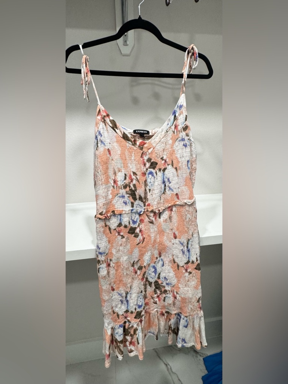 Express Peach and Blue Floral Tie-Shoulder Cami Dress